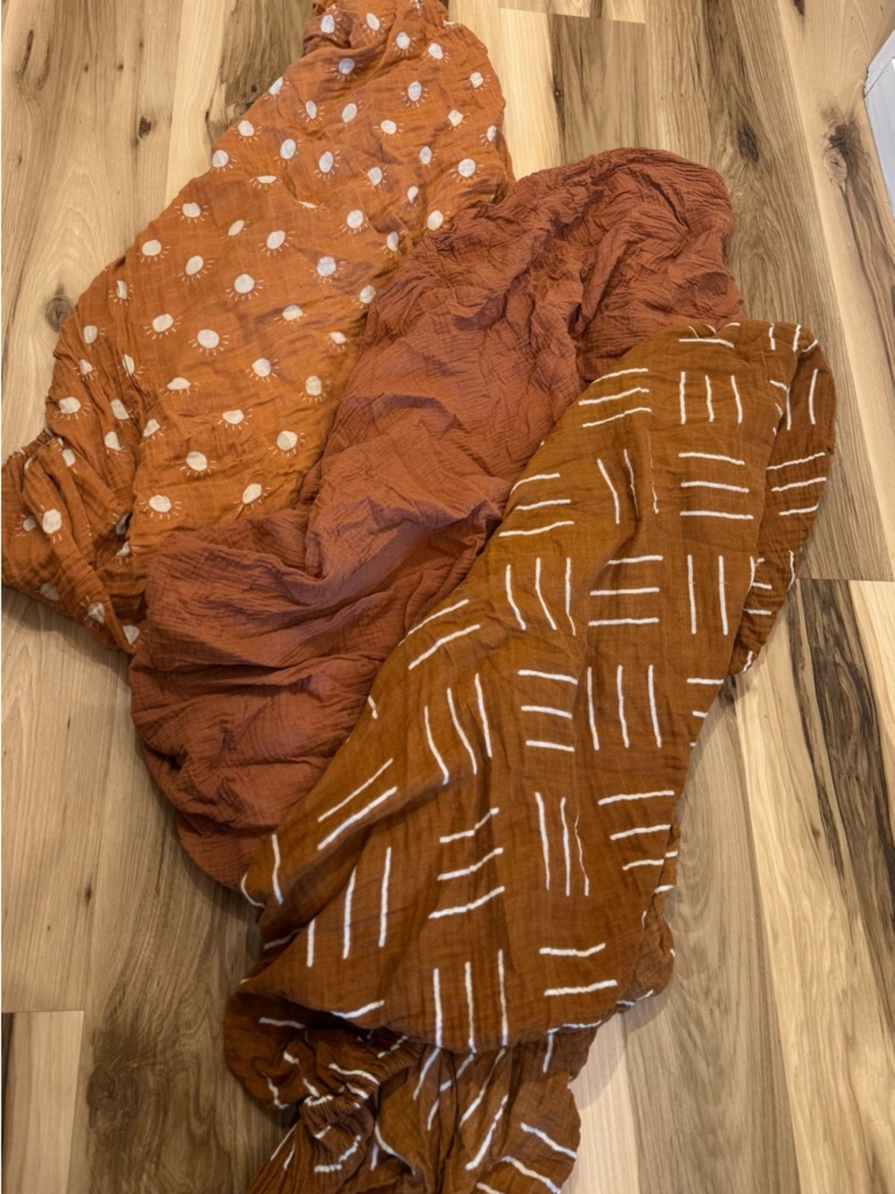 Set of 3 Rust Muslin Boho Pattern Crib Sheets EUC